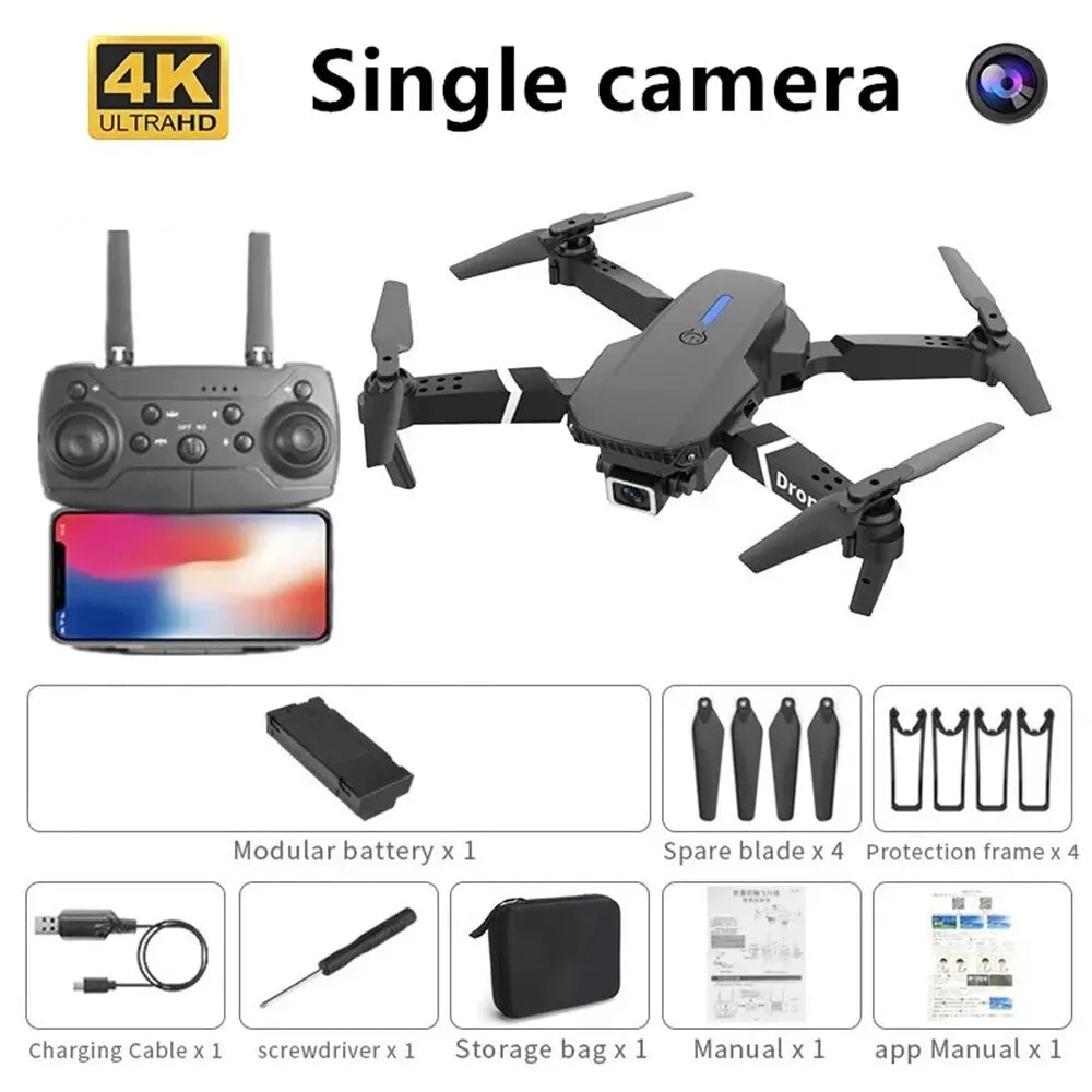 Norvo | E88 Sammenleggbar RC Drone – 4K Vidvinkel HD Kamera 1080P WiFi FPV Høydehold Quadrotor Helikopter