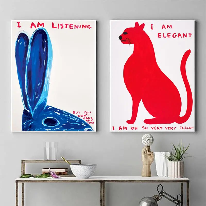 Norvo | David Shrigley Kanin Katt Vin Kjekks Rask Veggkunst Abstrakte Trykk Lerret Maleri Nordisk Plakat Bilder Stue Dekor