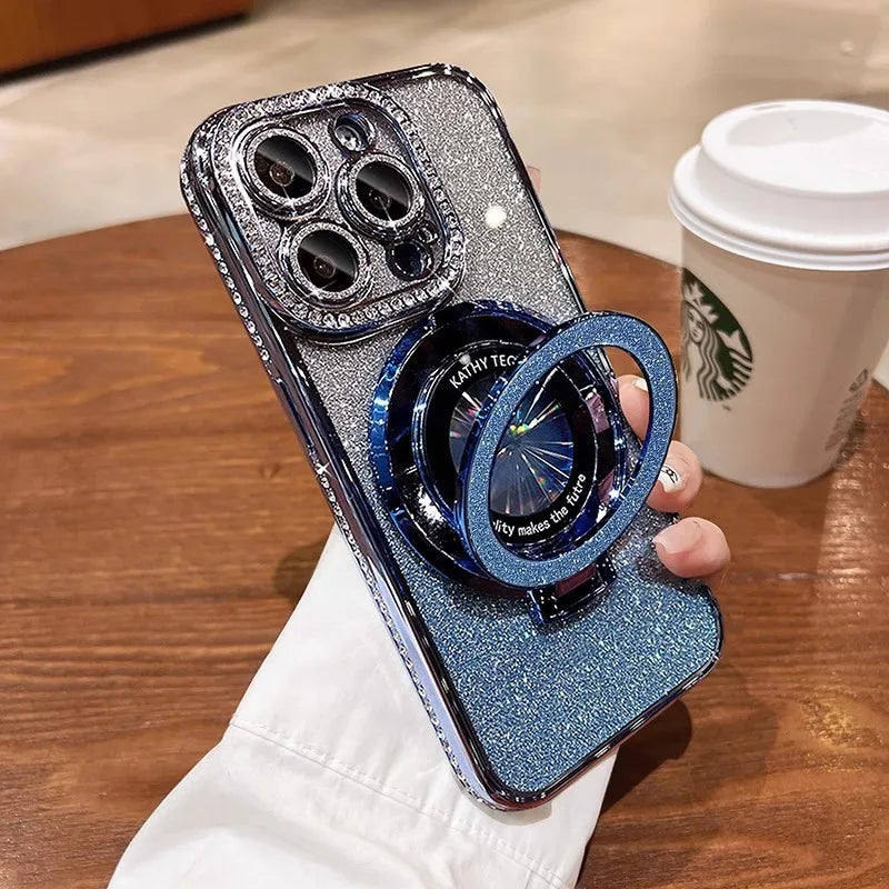 Luksus MagSafe Glitter Bling Belteveske med Ring Holder Stativ for iPhone 16 ProMax 15 11 12 13 14 Plus Diamant Trådløs Lading Silikon Deksel