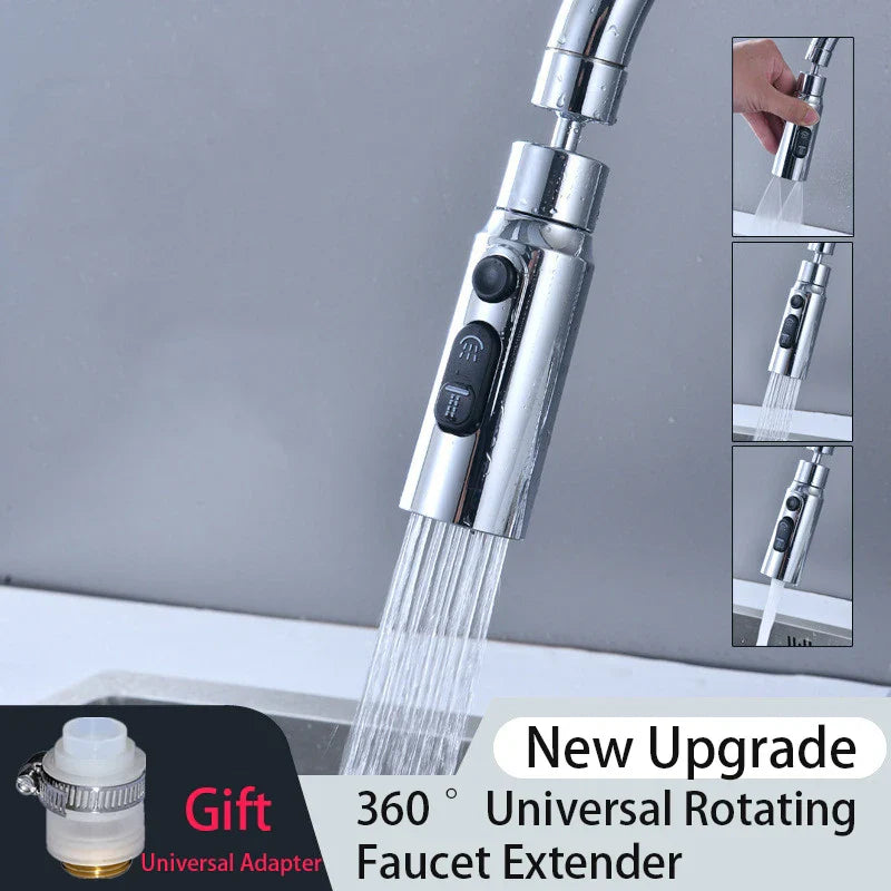 Norvo | 360° Universell Rotasjon Kranforlengelse med Sprutbeskyttelses-Aerator - 3 Moduser Kjøkkenarmatur Tilbehør + Universaladapter
