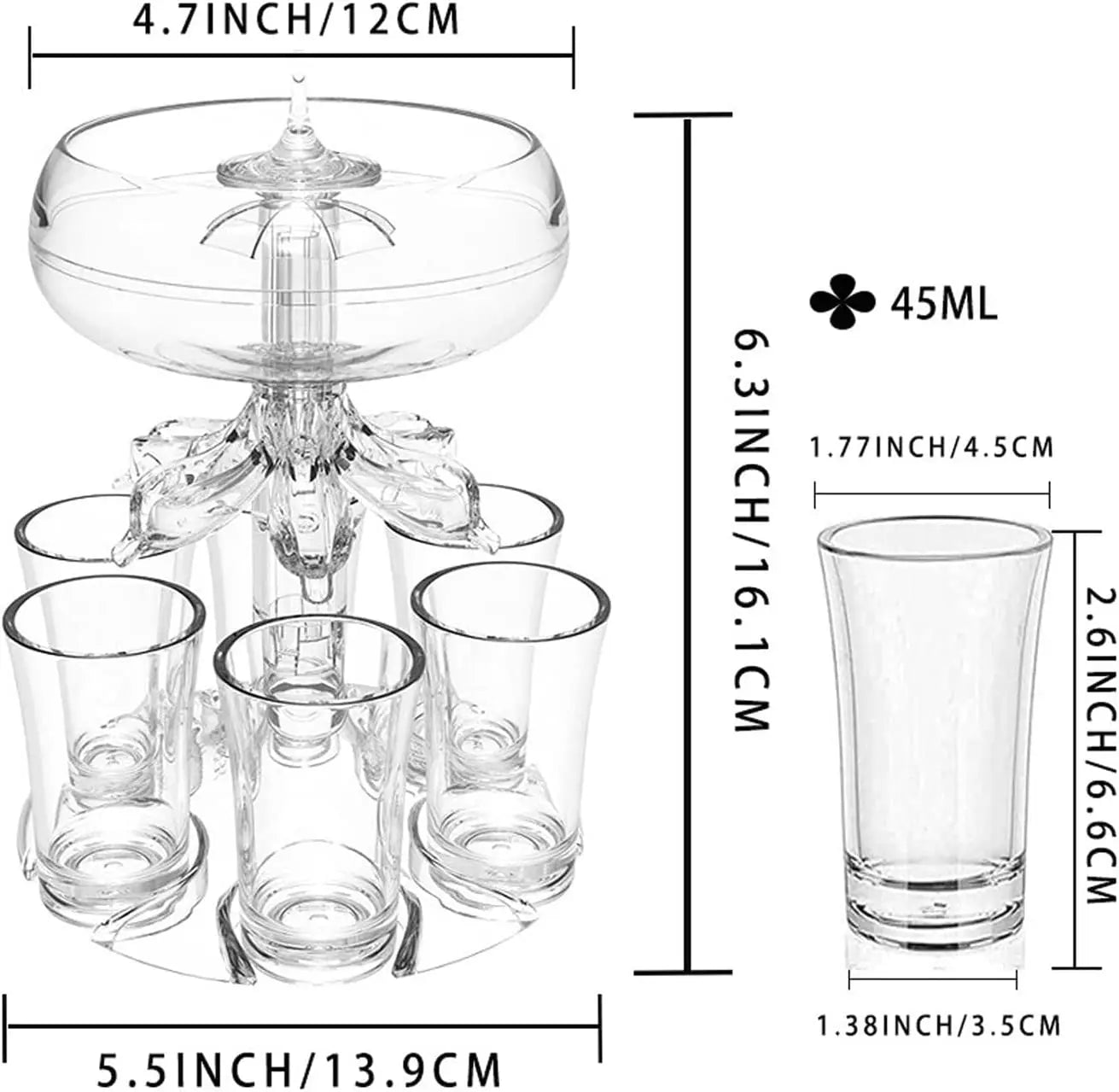 Norvo | Party Drink Shot Dispenser Set med 6 Shot-glass i akrylholder - Perfekt for familiesammenkomster og drikkeleker i baren