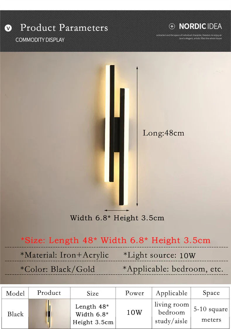 Norvo | Moderne LED Vegglampe: Svart/Gull Akryl Romdekorasjonslys