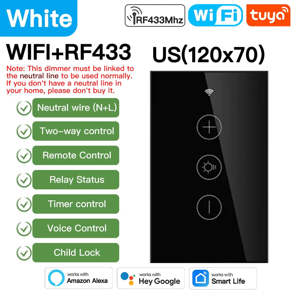 Tuya Smart Light Wall Switch med nøytral leder - WiFi-enhet Dimmerkontroll via SmartLife Google Alexa-apper