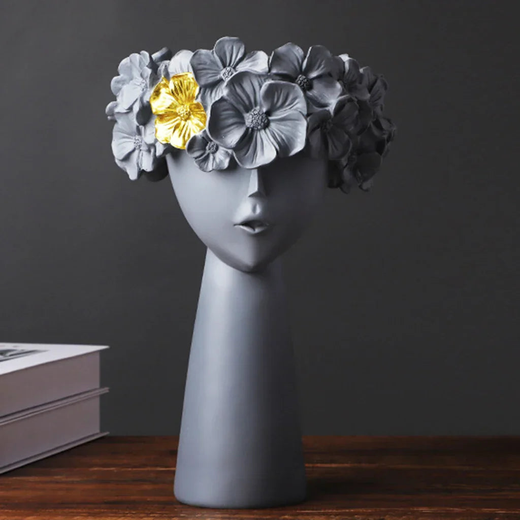 Norvo | Nordisk Jente Hode Blomst Harpiks Vase Statue Blomst Blomster Vaser for Kontor Skrivbord Tørkede Blomster Ornamenter Dekor Beholder