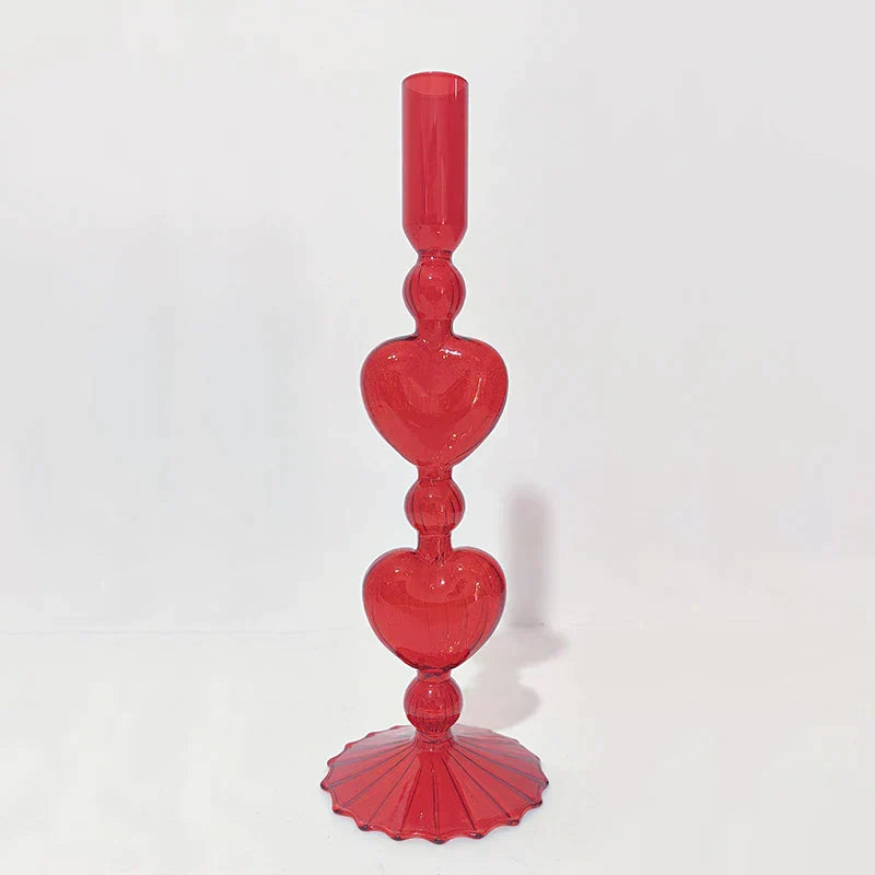 Norvo | Retro Taper Lysestake Rød Hjerteformet Glass Lysestake Bryllup Borddekorasjon Hjem Fest Glass Vase Dekor