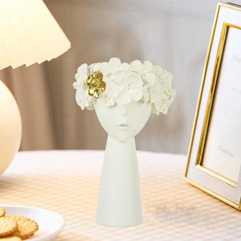 Norvo | Nordisk Jente Hode Blomst Harpiks Vase Statue Blomst Blomster Vaser for Kontor Skrivbord Tørkede Blomster Ornamenter Dekor Beholder