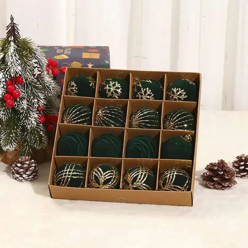 Flocking Juletrær Ornamenter - Vinrøde og Mørkegrønne Kuler for Høytidsfestdekor, Rosa Julekul Pendant 16PCS 6cm (2.3 tommer)