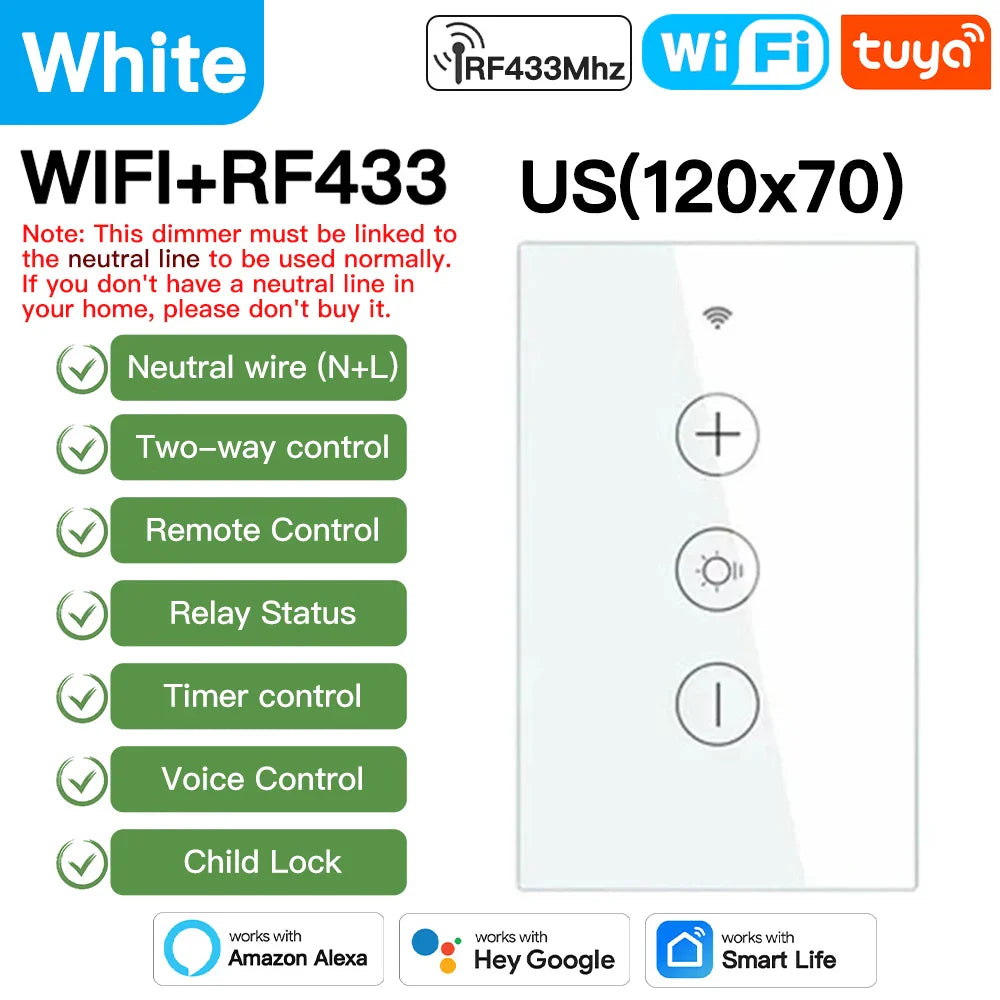 Tuya Smart Light Wall Switch med nøytral leder - WiFi-enhet Dimmerkontroll via SmartLife Google Alexa-apper