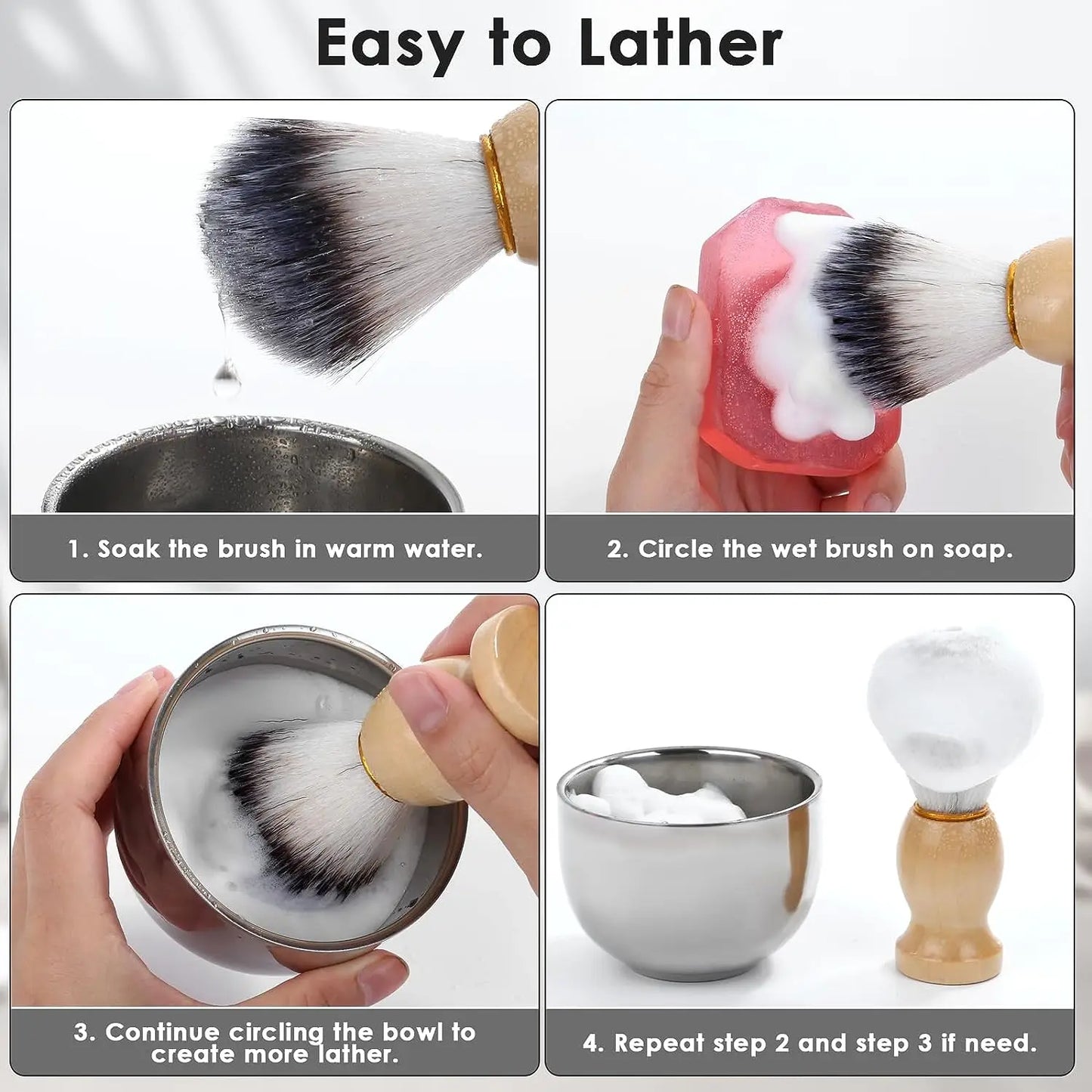 Norvo | Herre barberkost- og bollesett - 3-i-1 barberkit med trehåndtak-borste - rustfritt stål barberbolle & kosteholder