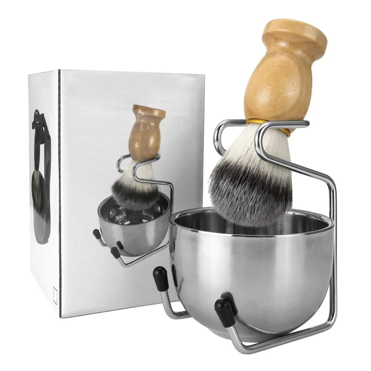 Norvo | Herre barberkost- og bollesett - 3-i-1 barberkit med trehåndtak-borste - rustfritt stål barberbolle & kosteholder