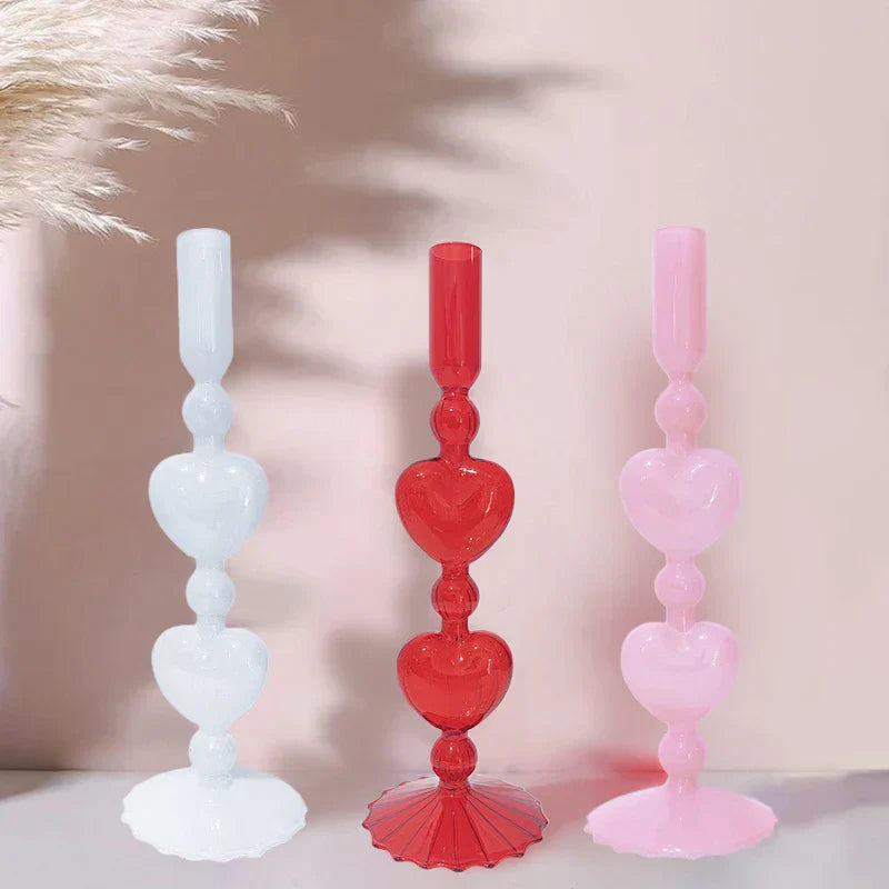 Norvo | Retro Taper Lysestake Rød Hjerteformet Glass Lysestake Bryllup Borddekorasjon Hjem Fest Glass Vase Dekor