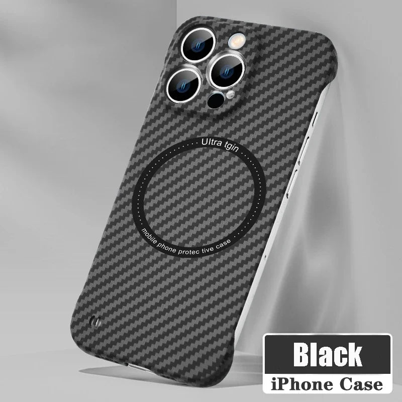 Norvo | Ultra tynn karbonfiber magnetisk etui for iPhone 16 15 ProMax 14 Plus 13 12 11 Pro Max Magsafe trådløs lading uten ramme deksel
