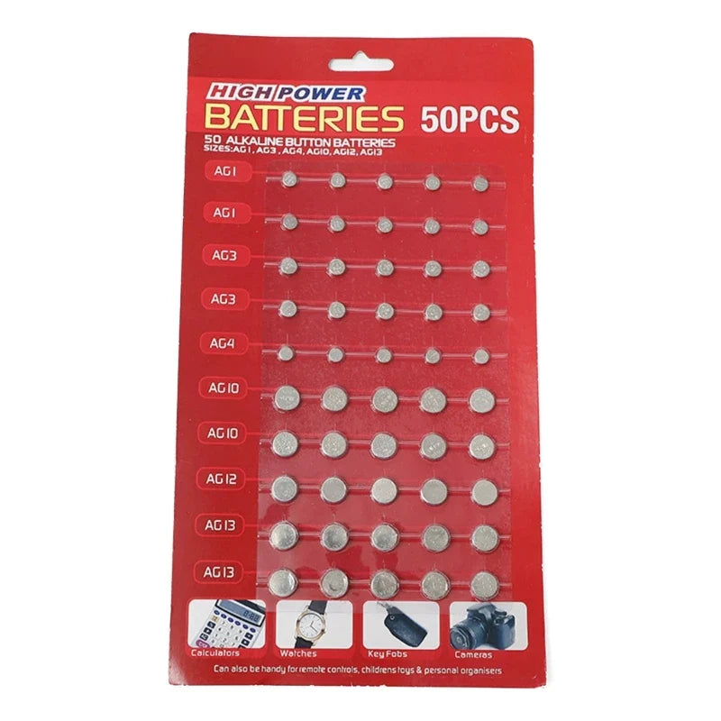 Norvo | 50/100Stk blanding knappcellebatteri sett - AG1/AG3/AG4/AG10/AG12/AG13 batterier for klokker, leker, klokker, kalkulatorer