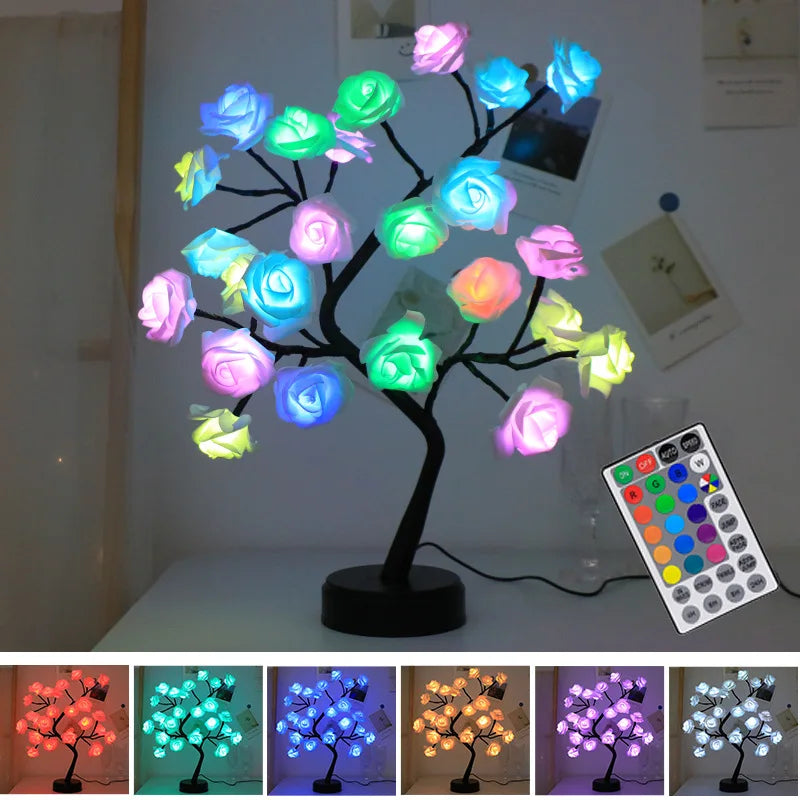 Norvo | RGB Rose Flower Tree Lights 24LED USB Batteri Bordlampe Fairy Natt Lys Hjem Fest Jul Bryllup Soveroms Dekorasjon Gave