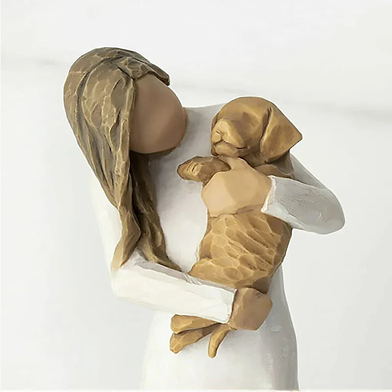 Norvo | Statuett laget av harpiks, mennesker, familiefigurer, skulptur, figurer for hjemmedekor, borddekorasjon, stue, engel, omfavnelse, hund, far, barn