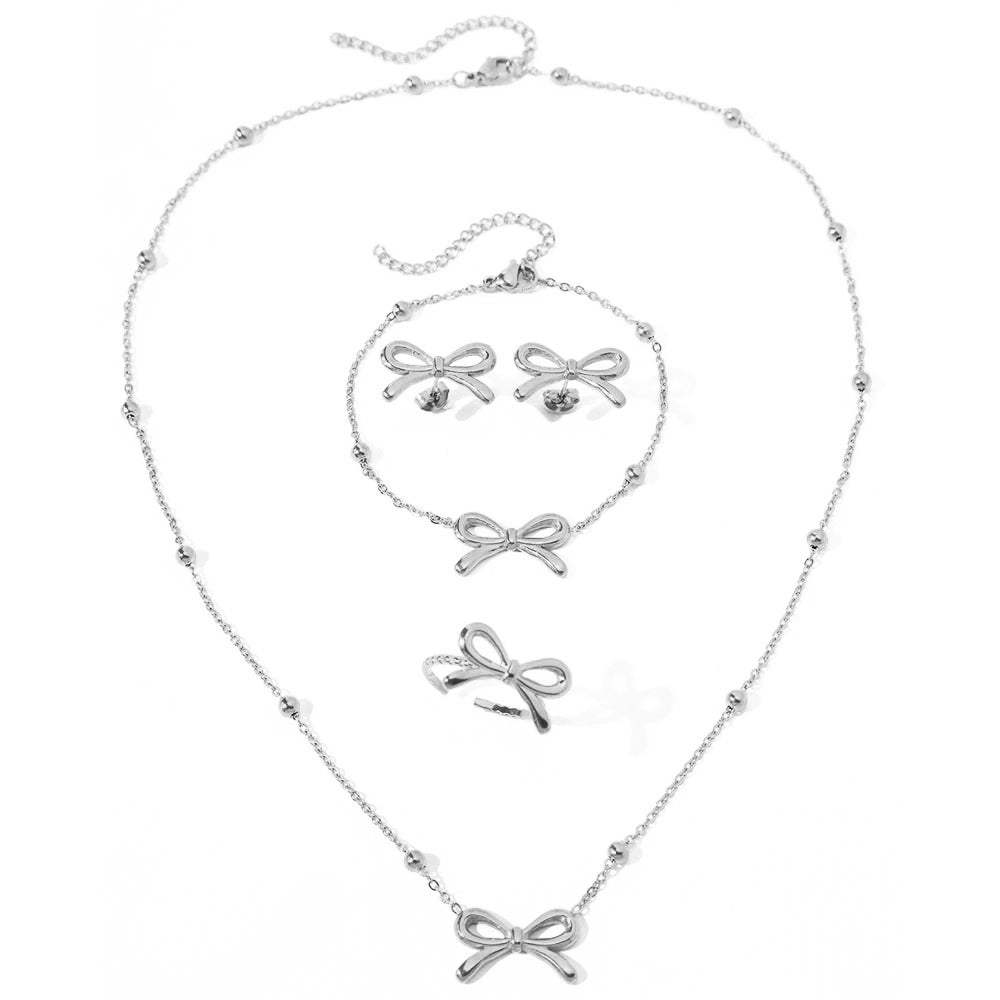 Norvo | Feminine Bow Satellite Chain Necklace, Bracelet, Earrings, and Ring Set