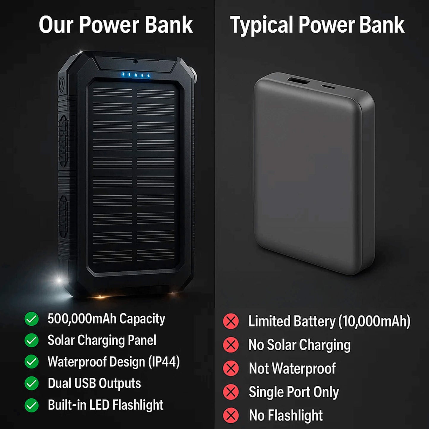 Norvo | 500000mAh Solenergilader Vanntett Strømbank Ekstern