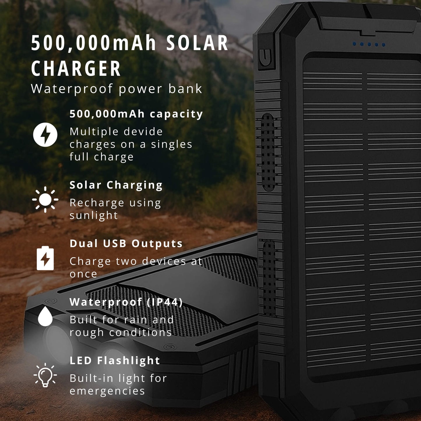 Norvo | 500000mAh Solenergilader Vanntett Strømbank Ekstern