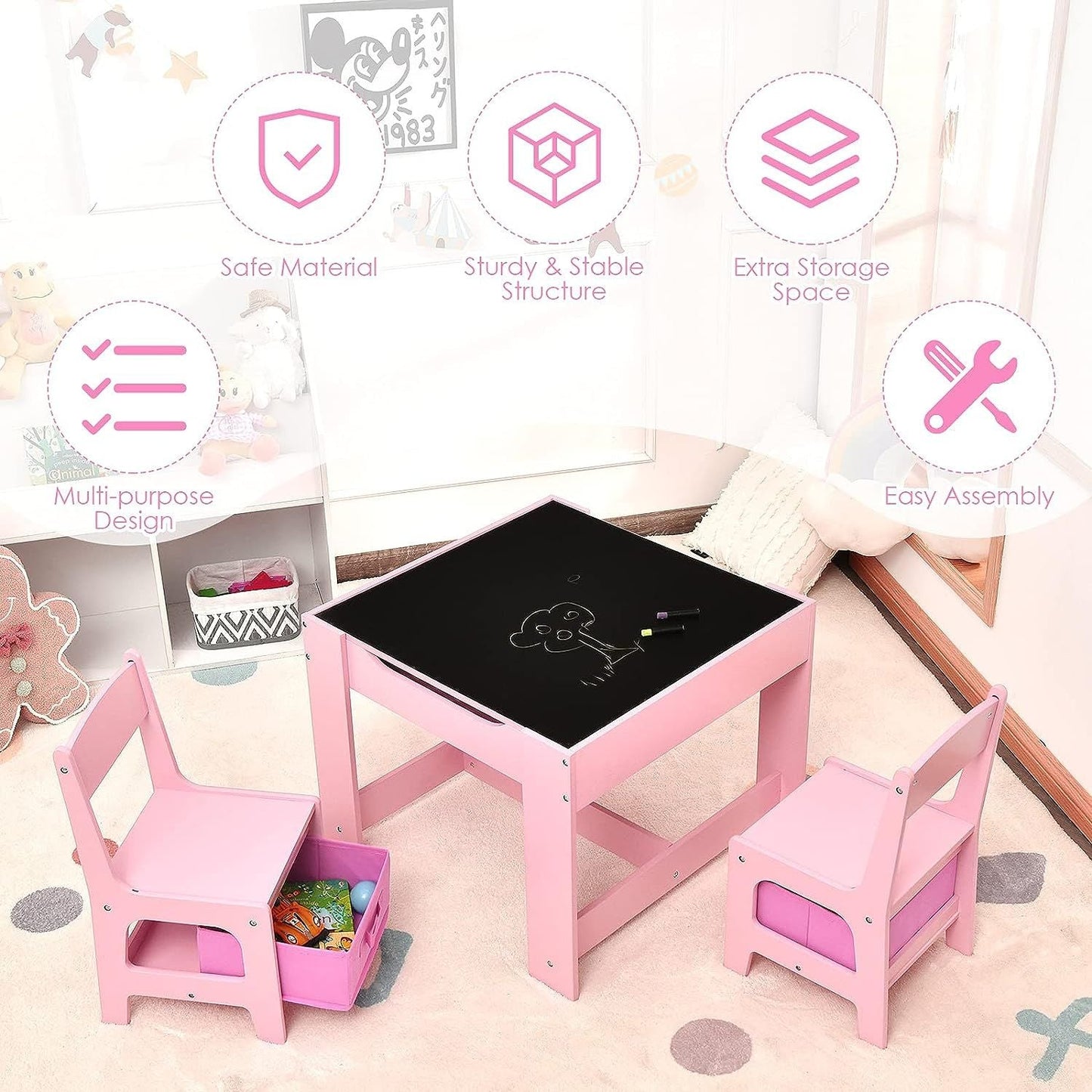 Norvo | EKKIO 3PCS Barn Bord med Lego Baseplate og Stoler Set med Svart Tavle (Rosa) EK-KTCS-105-RHH
