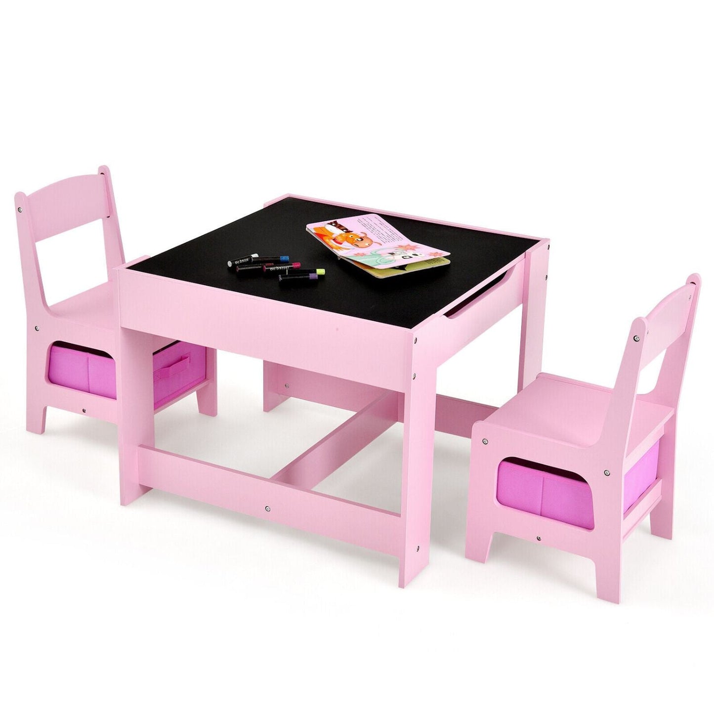 Norvo | EKKIO 3PCS Barn Bord med Lego Baseplate og Stoler Set med Svart Tavle (Rosa) EK-KTCS-105-RHH