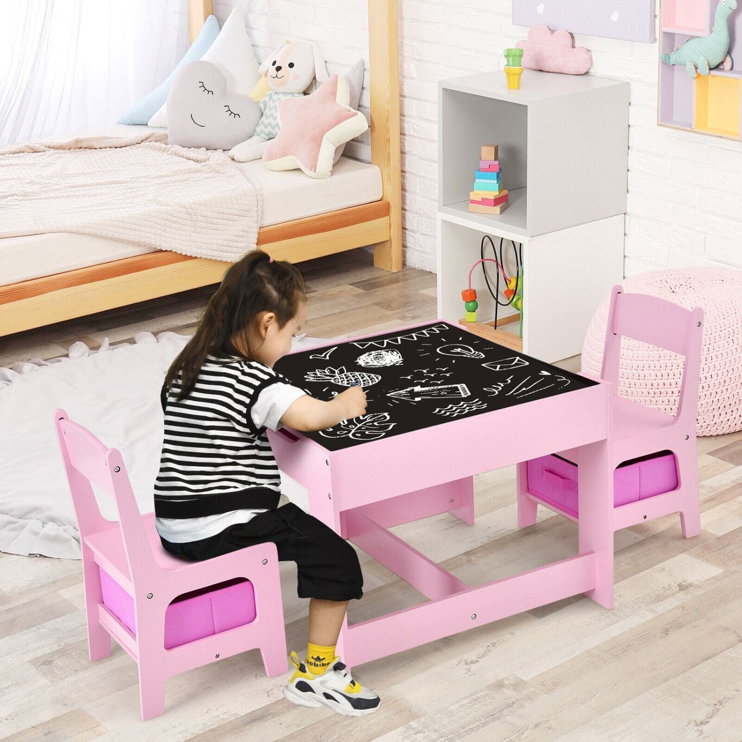 Norvo | EKKIO 3PCS Barn Bord med Lego Baseplate og Stoler Set med Svart Tavle (Rosa) EK-KTCS-105-RHH