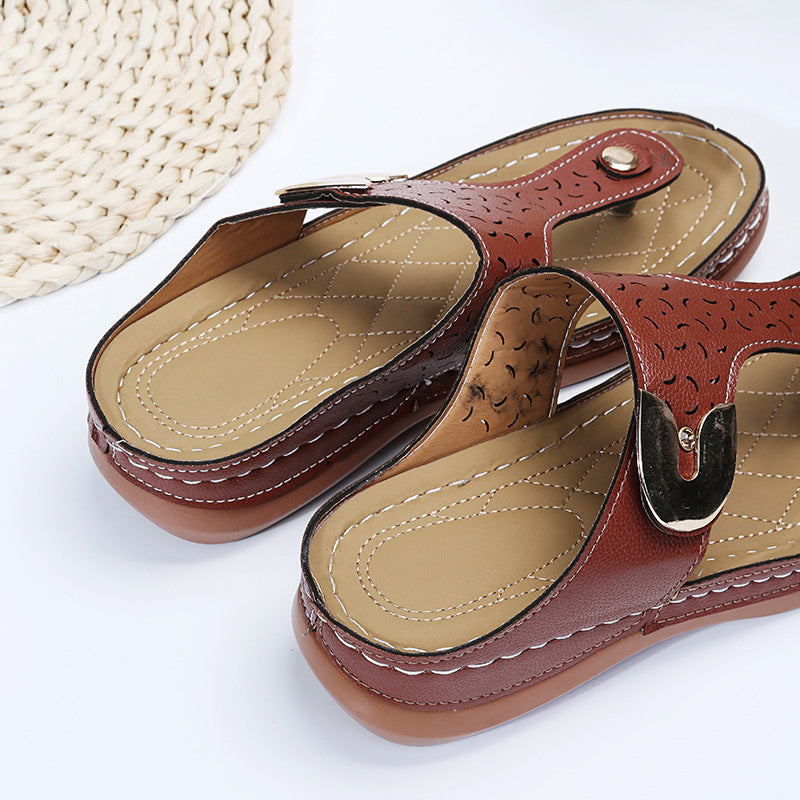 Norvo | 2022 Ny Kvinners Metall Dekor Funksjon Mønster Wedge Flip-Flops