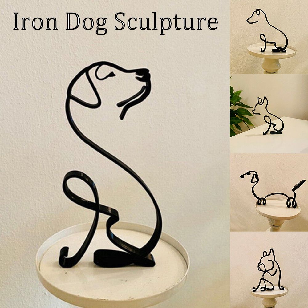 Norvo | Tier Kunst Jern Skulptur Retro Metall svarte linjer katt hund skrivebord ornament