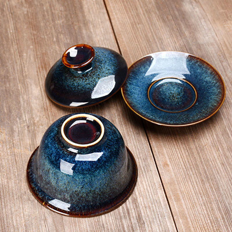 Norvo | Vintage Brennovn Keramisk Gaiwan Sancai Tekopp Tekopp og Tallerken med Lokk