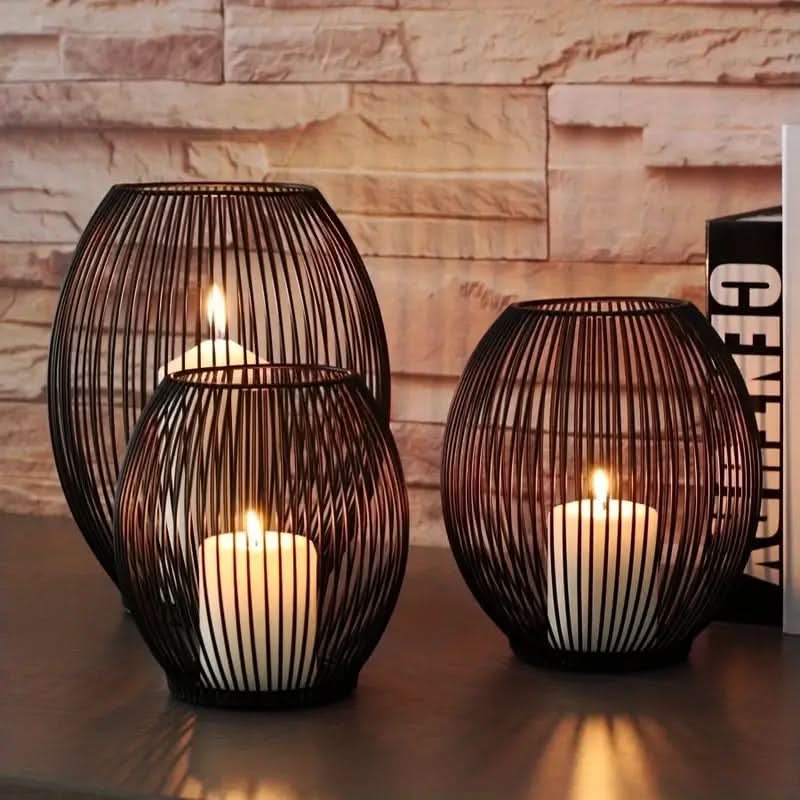 Norvo | Set with 3 vintage black metal lantern candelabras