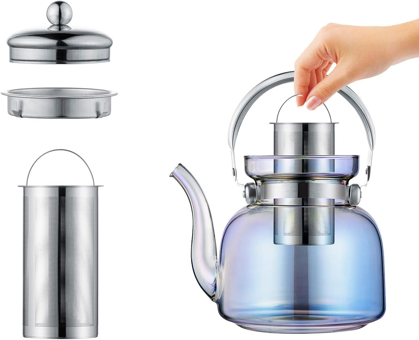 Norvo | 50 Oz(1500Ml) Glass Teapot with Lid, Removable Stainless Steel Tea Strainer and Handle, Stovetop Safe Tea Maker for Blooming and Loose Leaf Tea (Iridescent)