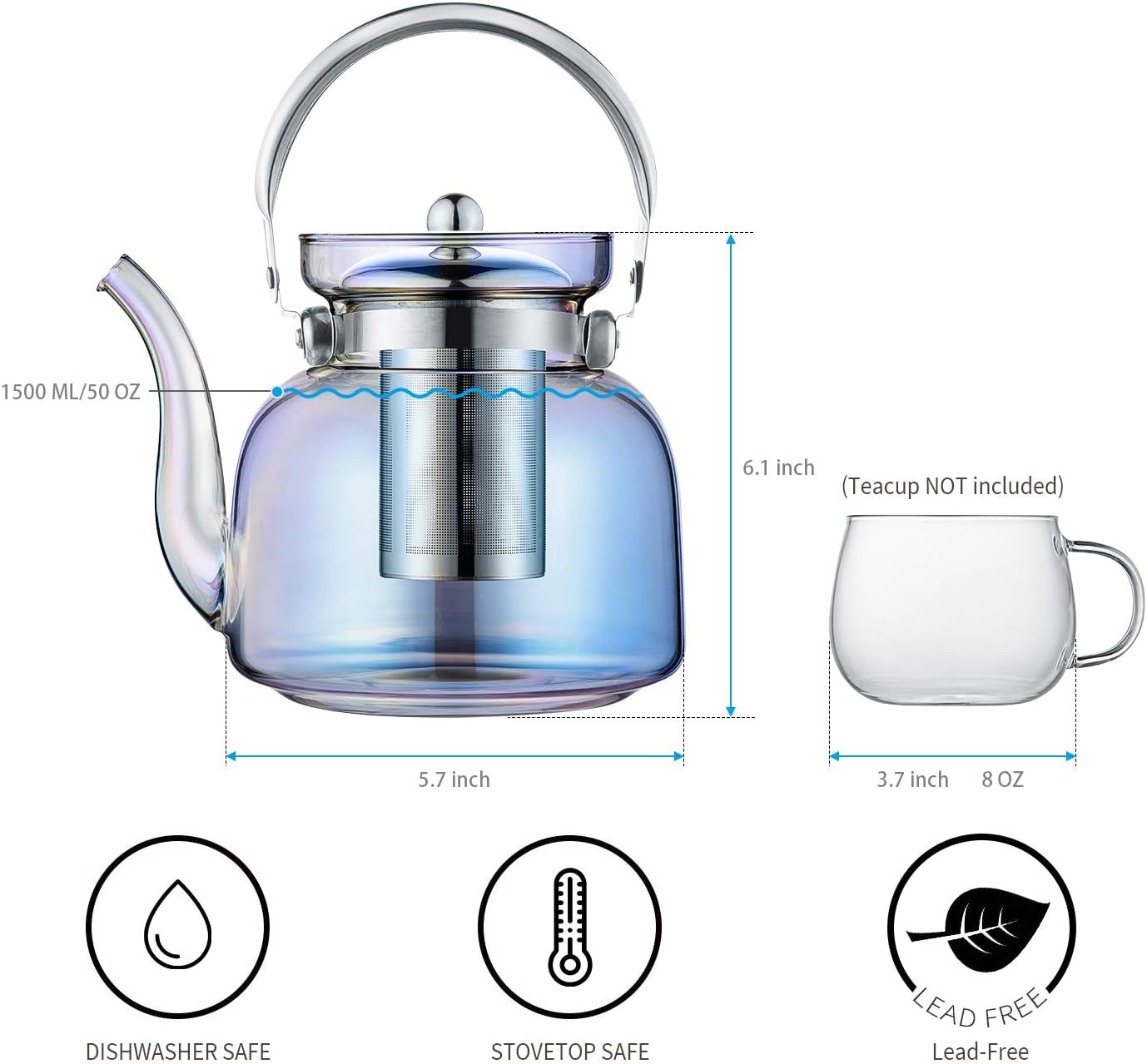 Norvo | 50 Oz(1500Ml) Glass Teapot with Lid, Removable Stainless Steel Tea Strainer and Handle, Stovetop Safe Tea Maker for Blooming and Loose Leaf Tea (Iridescent)