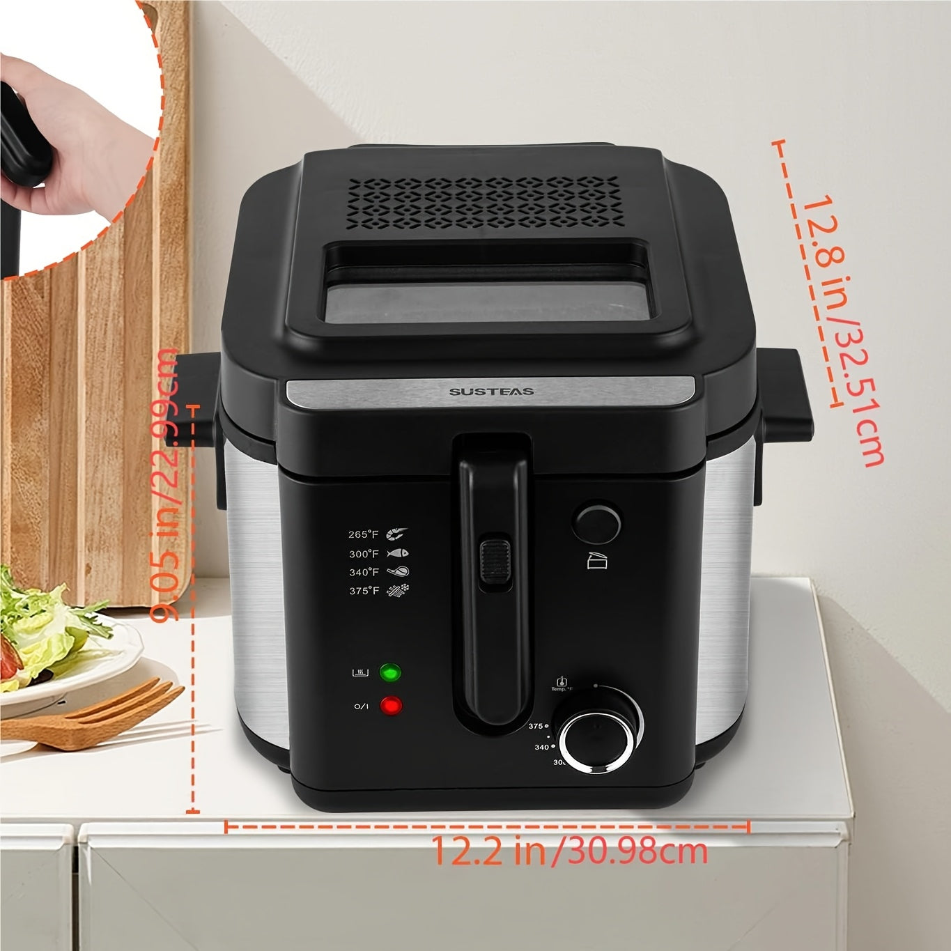 Norvo | SUSTEAS 1500W Elektrisk Frityrkoker med kurv - Lett å rengjøre non-stick kjele, temperaturkontroll, avtakbart lokk, ideell for hjemmekjøkken og restauranter