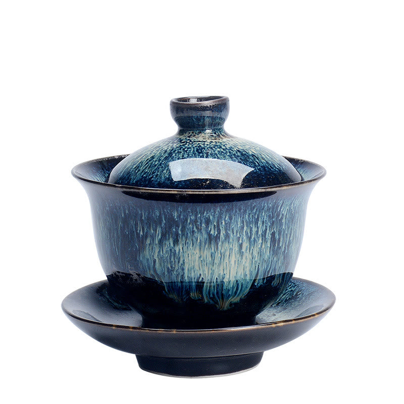 Norvo | Vintage Brennovn Keramisk Gaiwan Sancai Tekopp Tekopp og Tallerken med Lokk