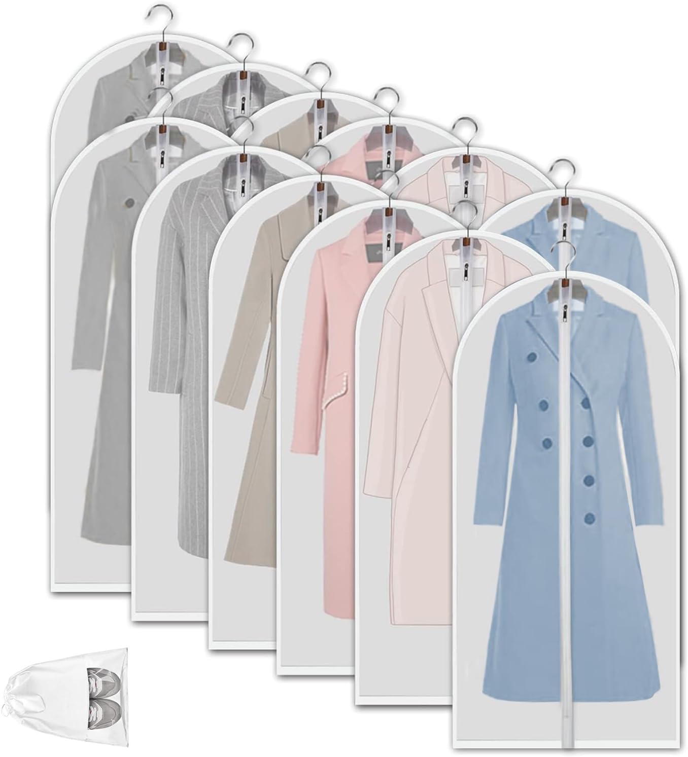 Frendorf | Klare PEVA Klesoppbevaringsposer – 12 Pakke Støvtette Klærbeskyttere – 1+1 GRATIS