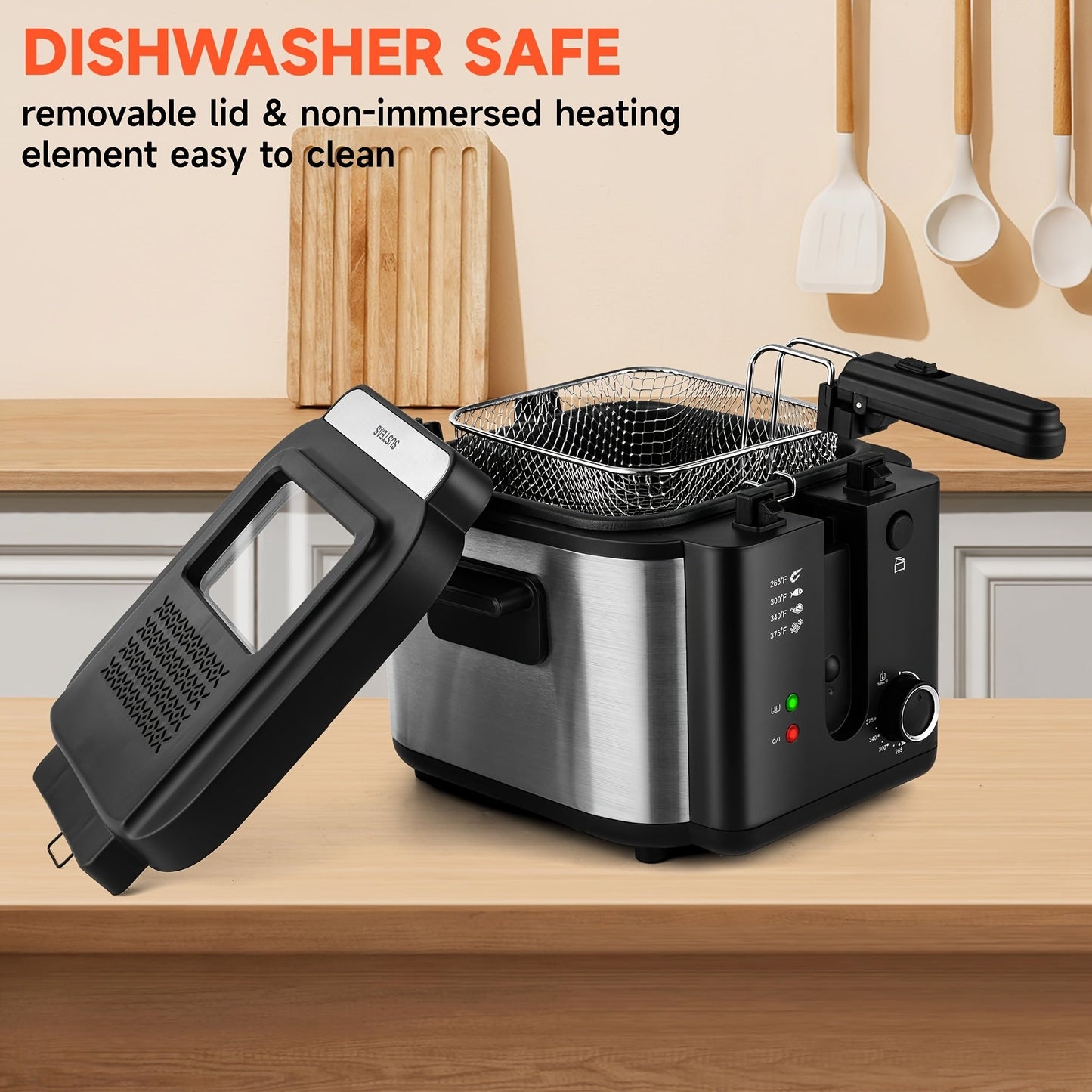 Norvo | SUSTEAS 1500W Elektrisk Frityrkoker med kurv - Lett å rengjøre non-stick kjele, temperaturkontroll, avtakbart lokk, ideell for hjemmekjøkken og restauranter