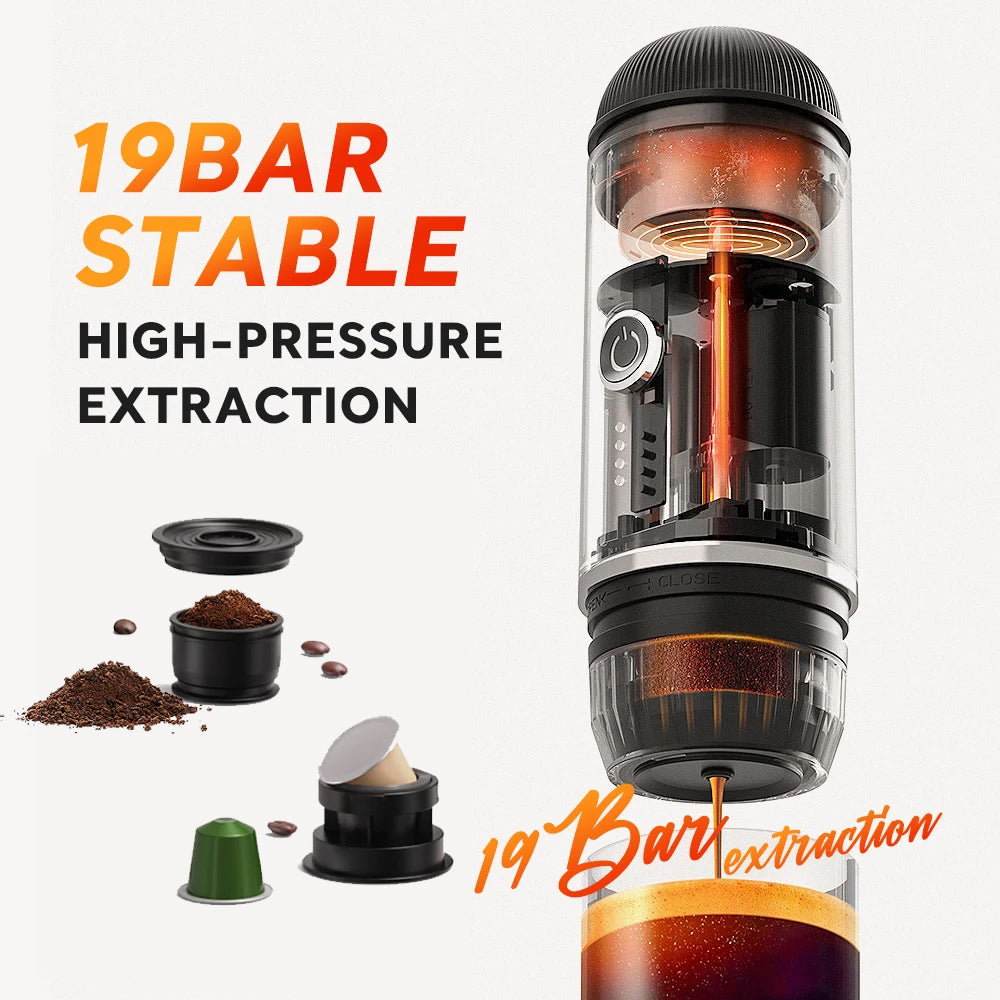 Norvo | Selvmålt bærbar elektrisk espressomaskin med USB-C-lader – Kompatibel med malt kaffe & Nespresso-kapsler