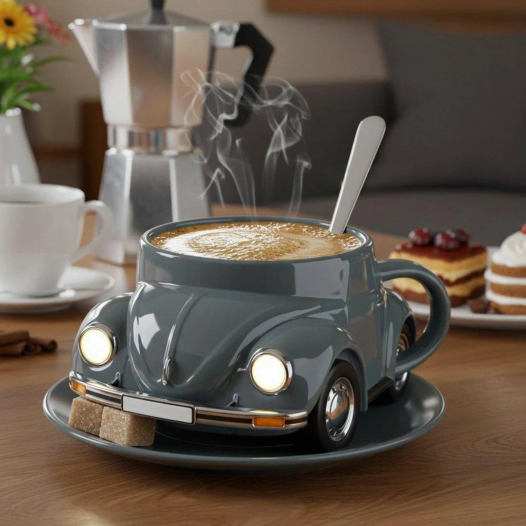 Norvo | RetroCar Keramisk Kaffe-Kopp – Unik 3D Design for Kaffe & Te