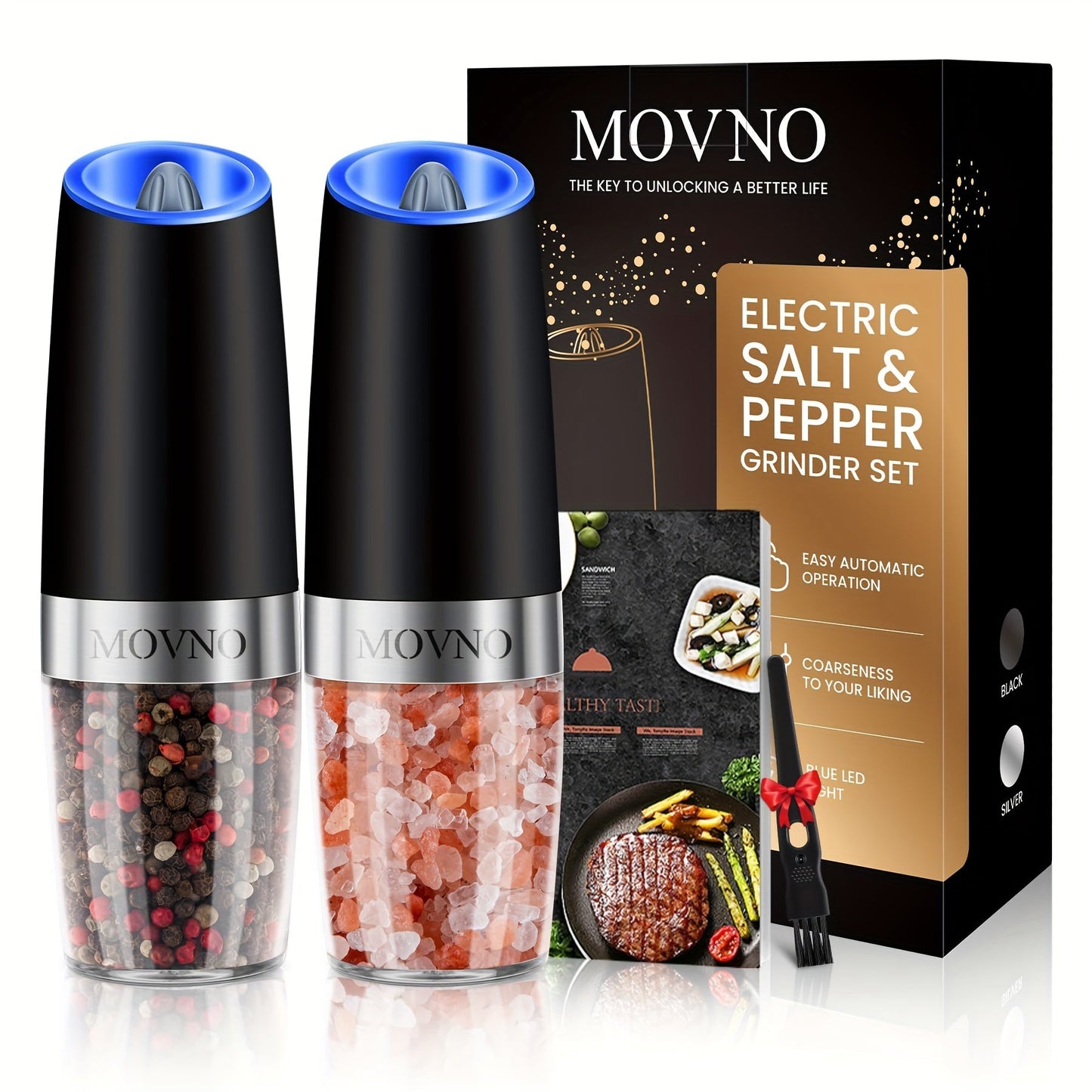 Norvo | Gravity Elektrisk Salt- og Pepperkvern Sett: Batteridrevet med LED-lampe, en-hånds automatisk betjening, justerbar grovhet, svart - Kjøkken Gadget Gaveidé