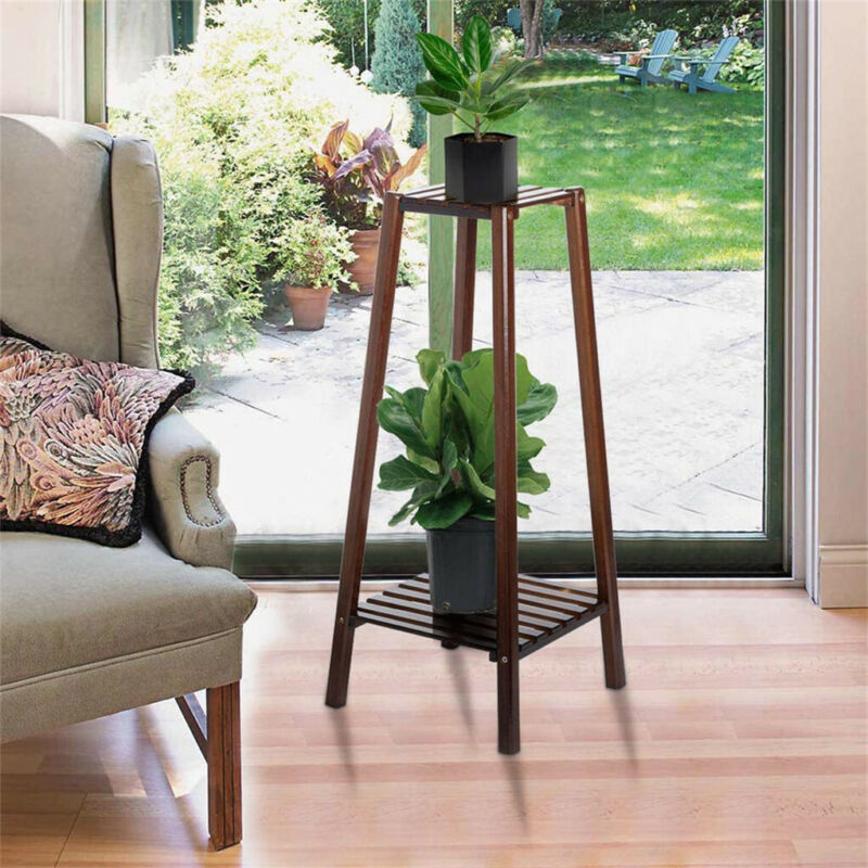 Norvo | 2 Tier Høy Plante Stativ Pottholder Lite Rom Bord Hage Blomsterpotte Brun