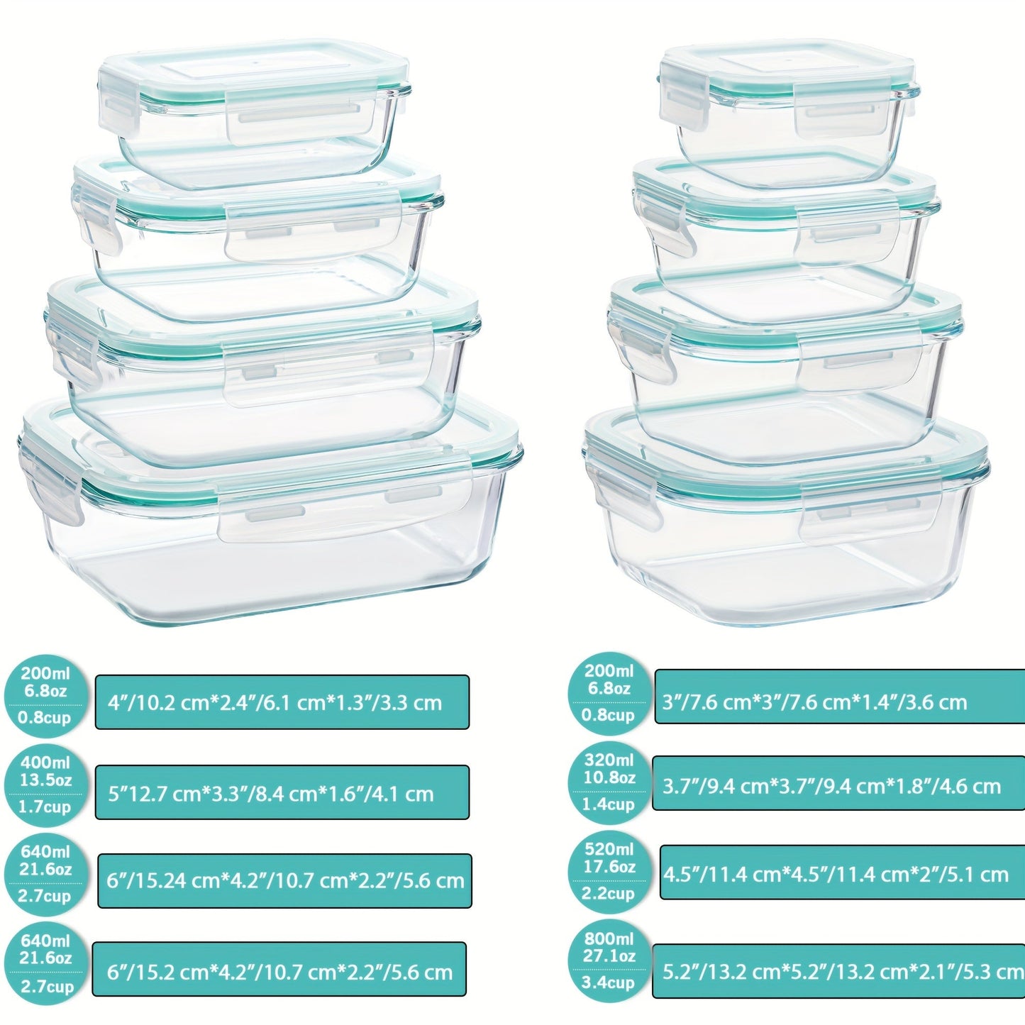 Norvo | 8-Pack Glass Matboksbeholdere – Lufttette Måltid Forberedelse Bento-bokser med lekkasjesikre, låsbare lokk, mikrobølgeovn-, ovn-, fryse- og oppvaskmaskinsikre, BPA-frie