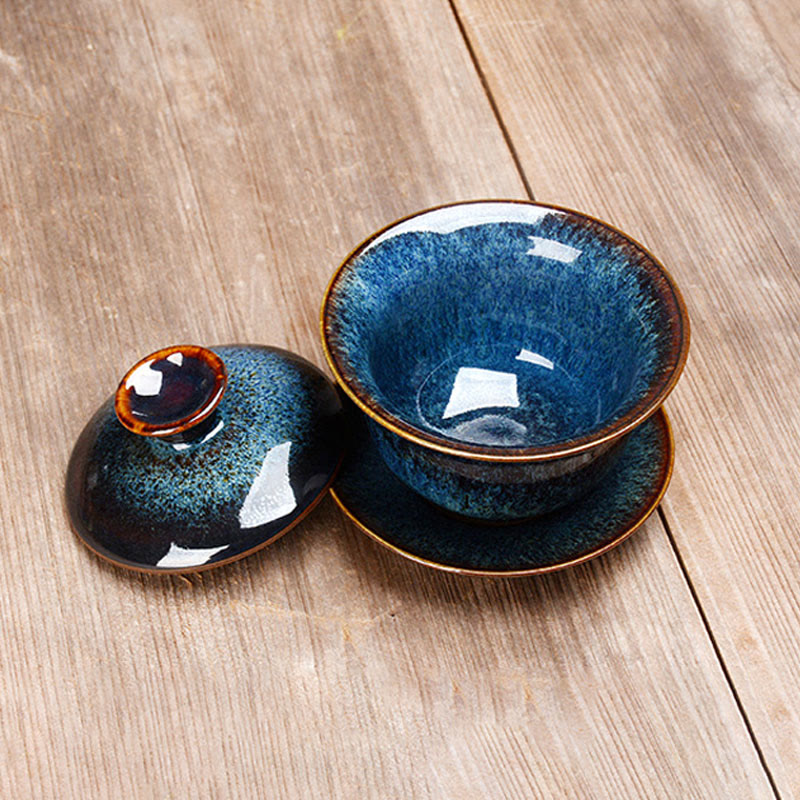 Norvo | Vintage Brennovn Keramisk Gaiwan Sancai Tekopp Tekopp og Tallerken med Lokk
