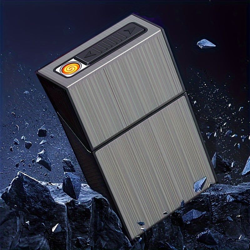 Norvo | 2-i-1 USB oppladbar lighter og sigarettetui - Stilig herre 20-sigarett holder, fuktighetsbestandig og slitesterk