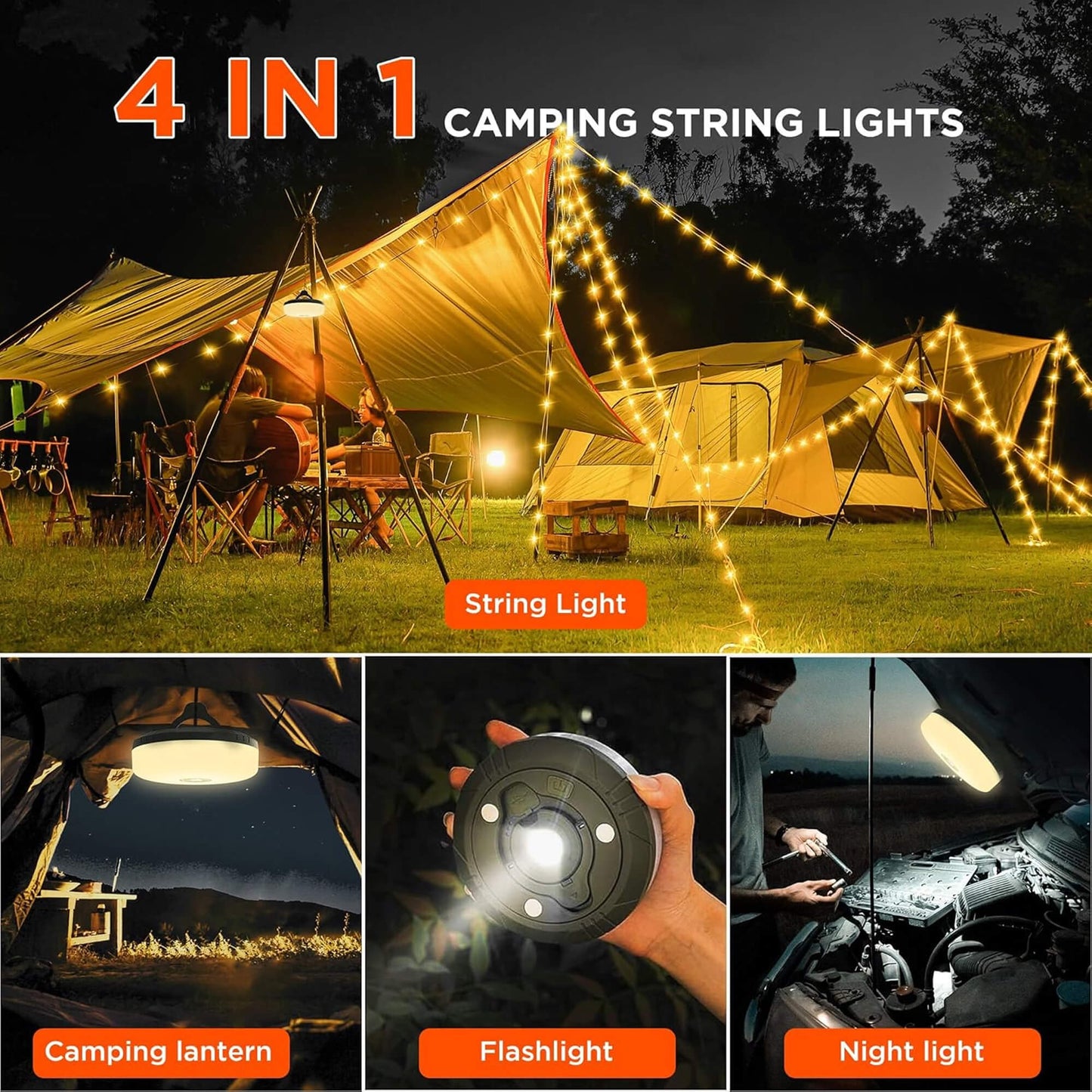 Norvo | 4 i 1 Camp Light – Bærbar campinglanterne, lyskilder med 8 lysmoduser, oppladbart power bank for utendørs eventyr