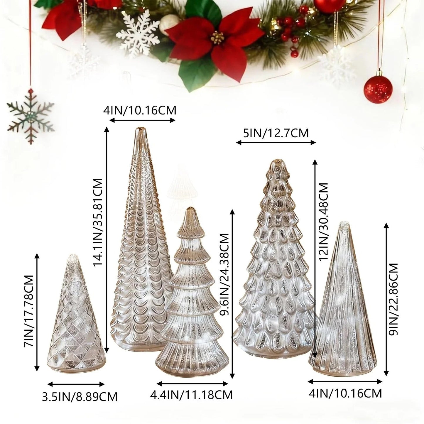 Norvo | GlansPine LED Furu Sett – 5-delt Sølv Juledekorasjon med Varmt Lys