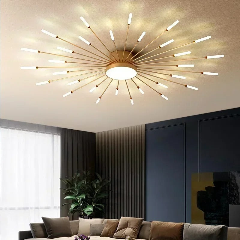 Norvo | Moderne Industriell Taklampe Sputnik Fyrverkeri | Svart & Gull Finish. LED Belysning for Stue. Spisestue & Soveromsdekor