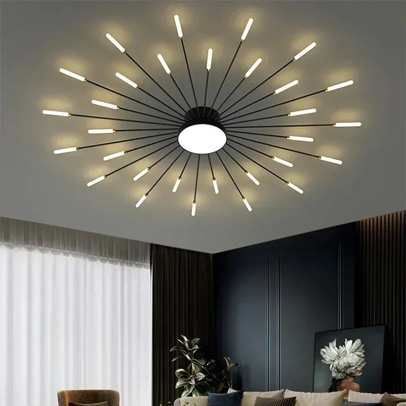 Norvo | Moderne Industriell Taklampe Sputnik Fyrverkeri | Svart & Gull Finish. LED Belysning for Stue. Spisestue & Soveromsdekor