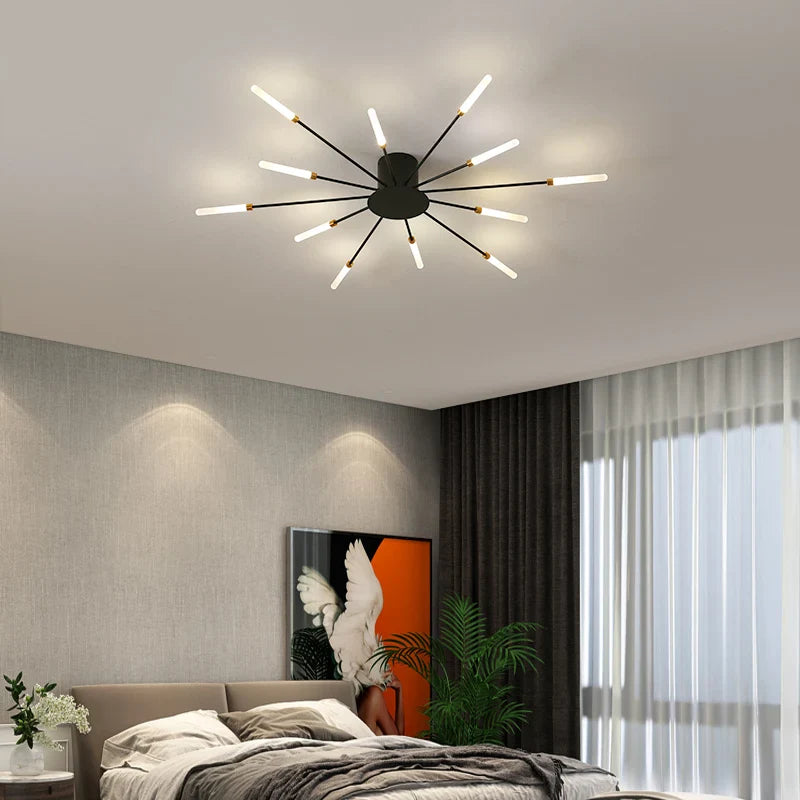 Norvo | Moderne Industriell Taklampe Sputnik Fyrverkeri | Svart & Gull Finish. LED Belysning for Stue. Spisestue & Soveromsdekor