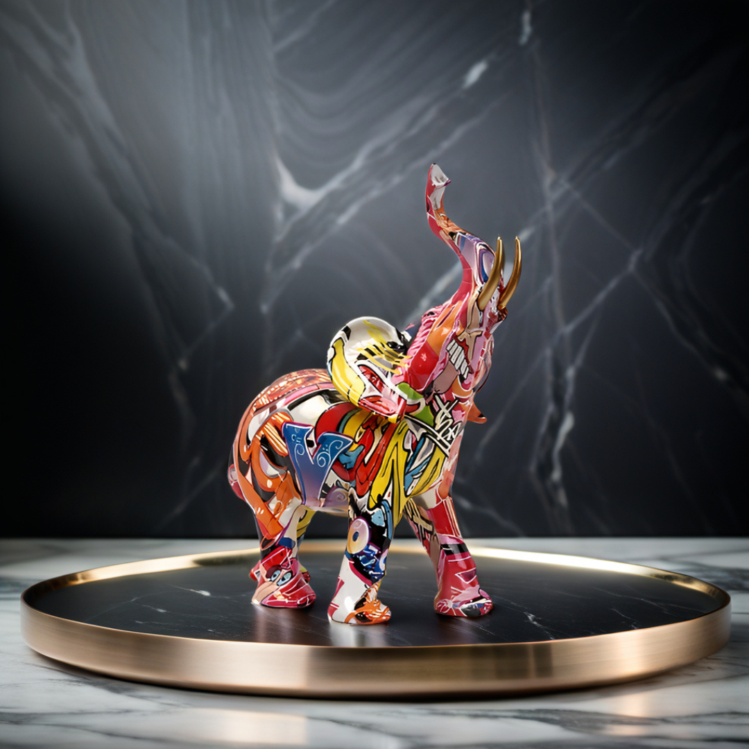 Norvo | Abstrakt Elefant Statue – Fargerik Afrikansk Design med Hevet Snabel for Lykke