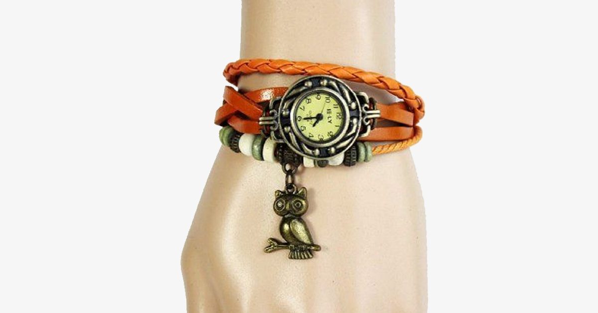 Norvo | Ugle Vintage Wrap Klokke med Boho-Chic Stil Armbånd - Vevd mansjett-stil armbåndsur for et funky utseende!