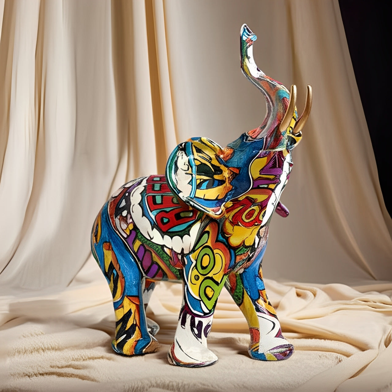 Norvo | Abstrakt Elefant Statue – Fargerik Afrikansk Design med Hevet Snabel for Lykke